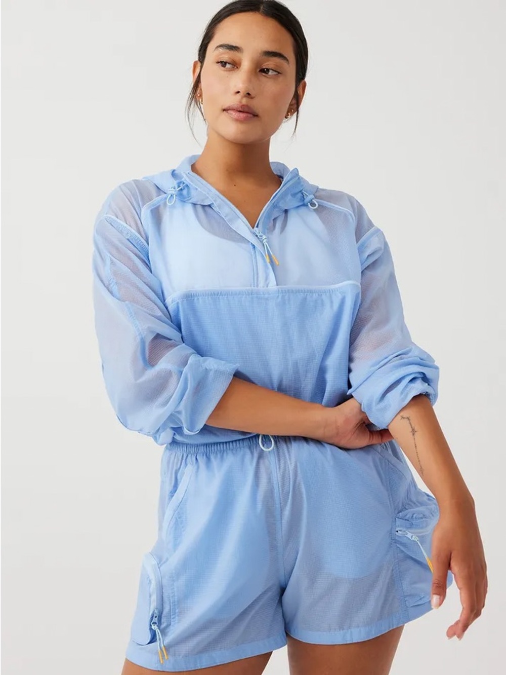 Outdoor Voices Light Blue Grid Windbreaker Hood